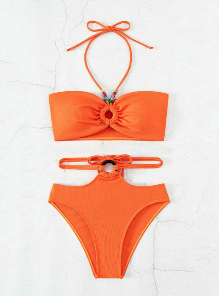 Y2K Aesthetic Halter Swimsuit with Metal Ring Detail and High Waist Split