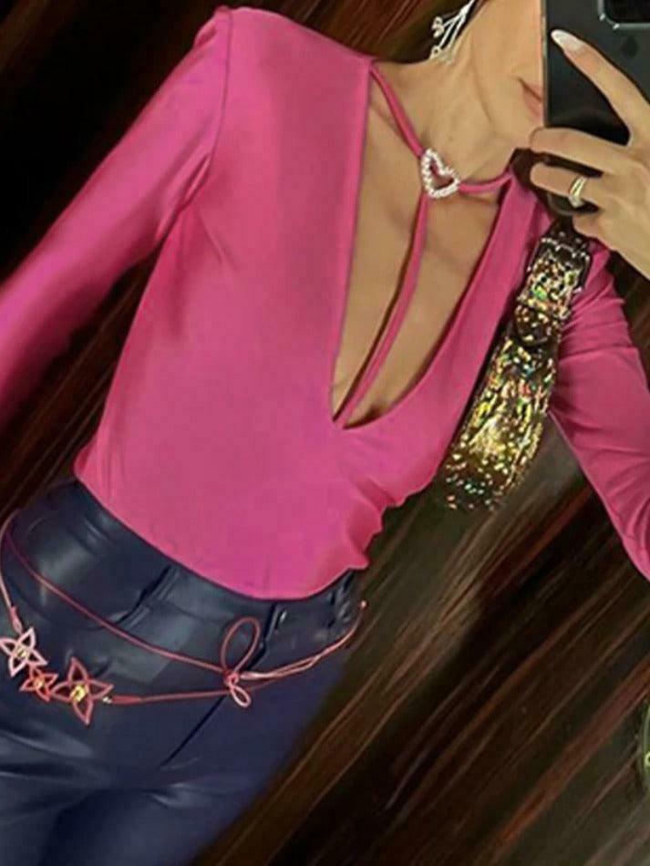 Y2K Aesthetic Heart Buckle Bodysuit: Coquette Grunge Style, Cute Tops, Pastel Goth, Cargo Skirt