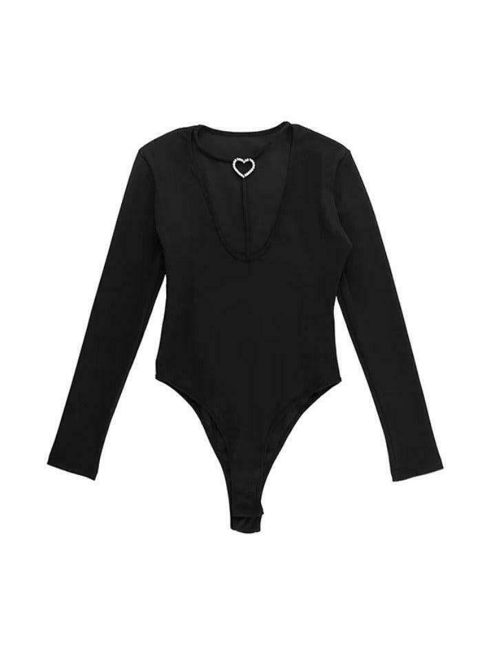 Y2K Aesthetic Heart Buckle Bodysuit: Coquette Grunge Style, Cute Tops, Pastel Goth, Cargo Skirt