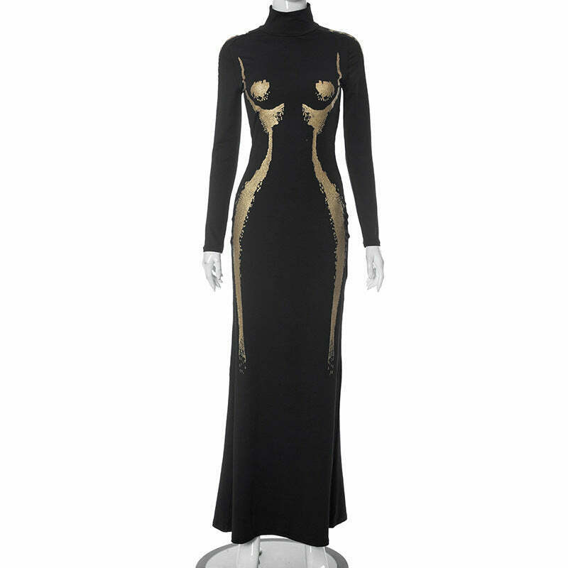 Y2K Aesthetic High-Neck Casual Dress with 3D Body Printing - Coquette & Grunge Style Fashion