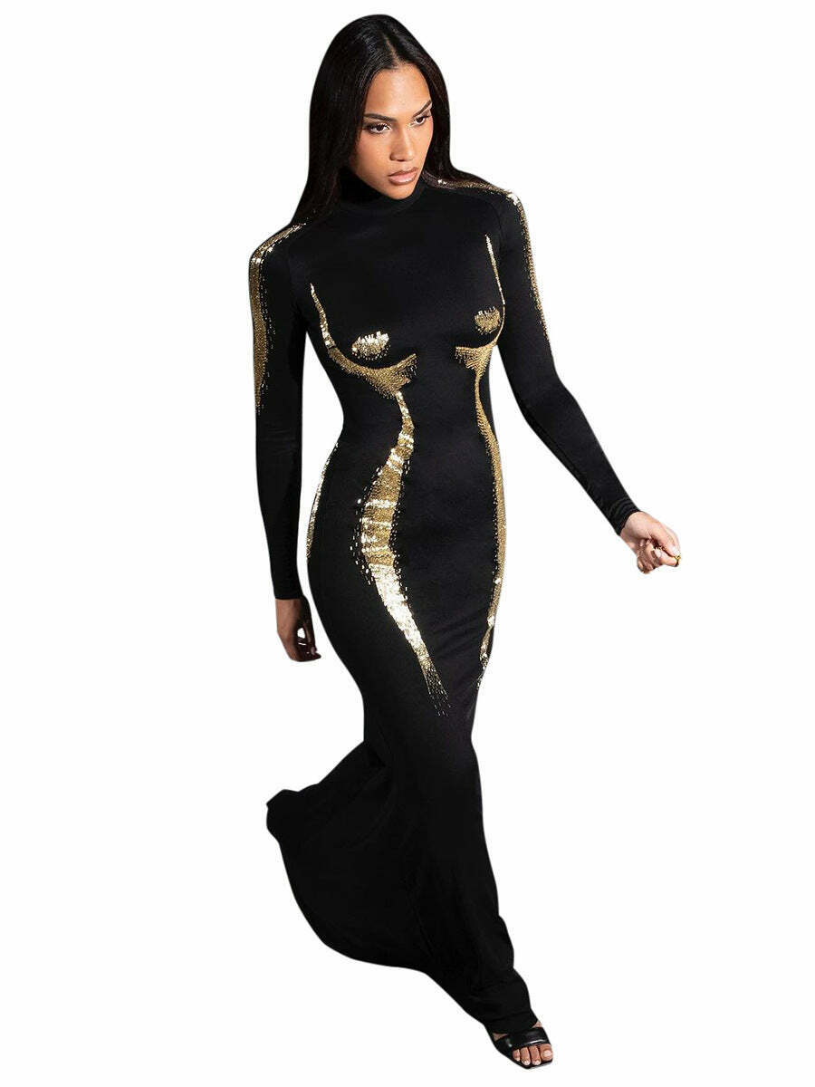 Y2K Aesthetic High-Neck Casual Dress with 3D Body Printing - Coquette & Grunge Style Fashion