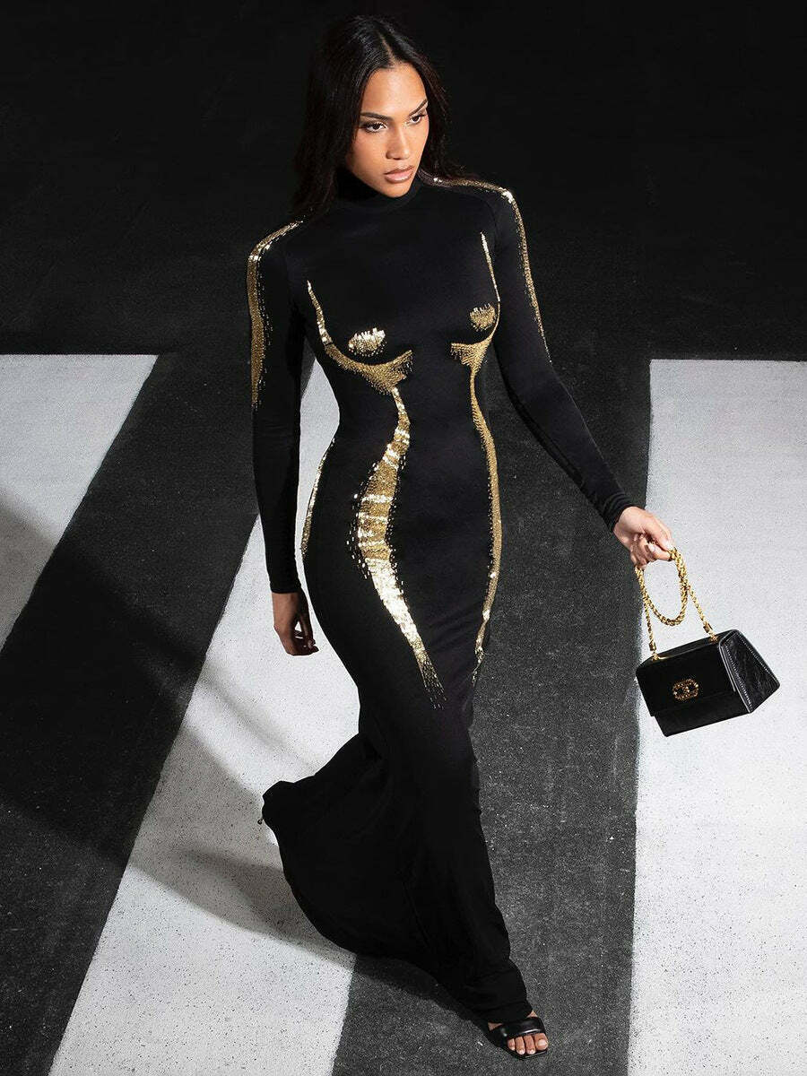 Y2K Aesthetic High-Neck Casual Dress with 3D Body Printing - Coquette & Grunge Style Fashion