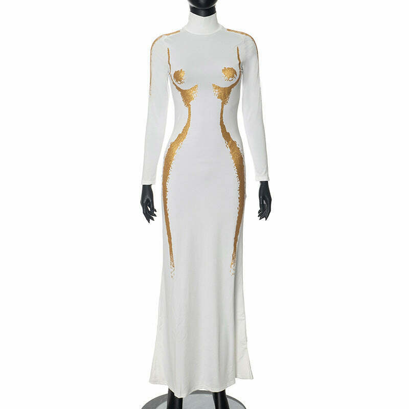Y2K Aesthetic High-Neck Casual Dress with 3D Body Printing - Coquette & Grunge Style Fashion