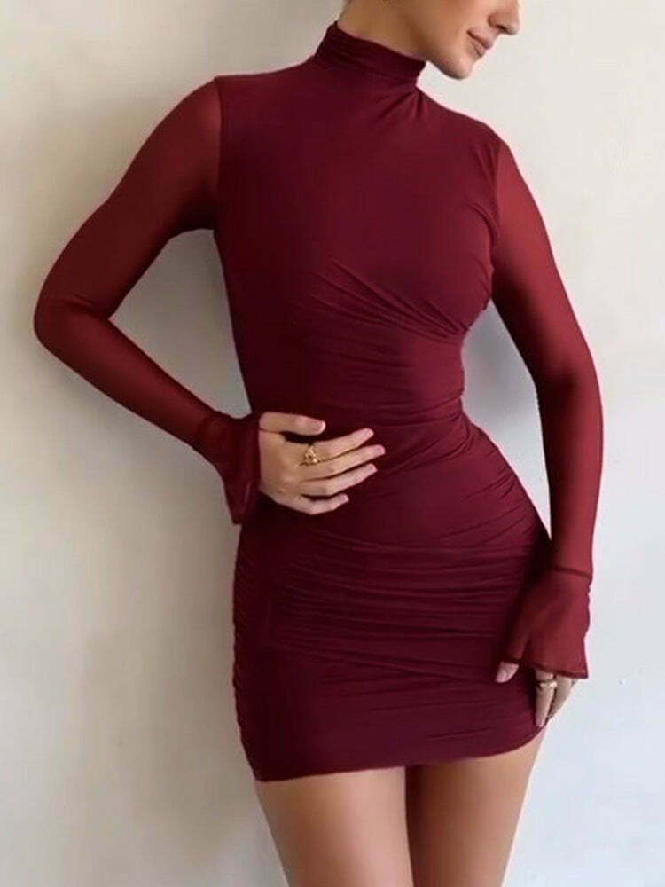 Y2K Aesthetic High-Neck Flared Long-Sleeved Dress for Women - Coquette Style Grunge Fashion
