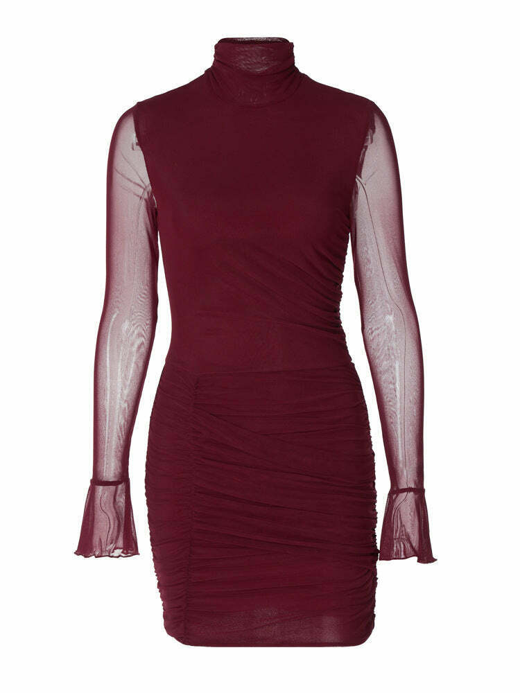 Y2K Aesthetic High-Neck Flared Long-Sleeved Dress for Women - Coquette Style Grunge Fashion