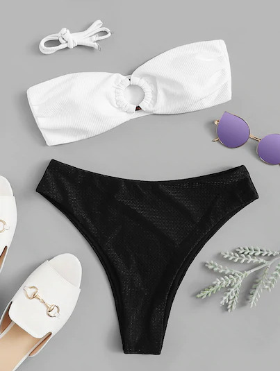Y2K Aesthetic High Cut Bandeau Bikini Set in Two Tone Color