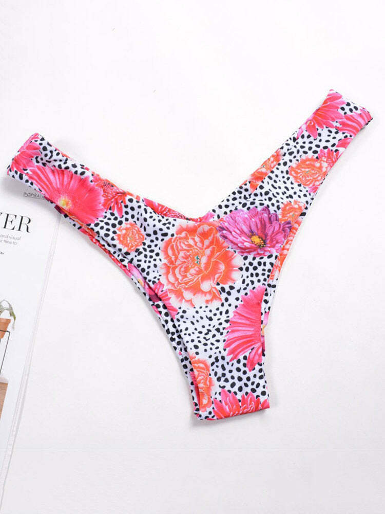 Y2K Aesthetic High Cut Flower Print Bikini Swimsuit - Strapless & Backless