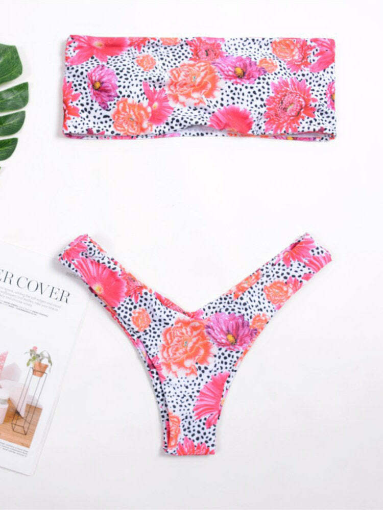 Y2K Aesthetic High Cut Flower Print Bikini Swimsuit - Strapless & Backless