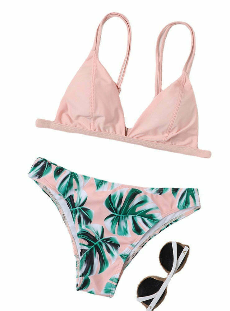 Y2K Aesthetic High Cut Leaf Bikini - Coquette & Grunge Style Fashion for Women