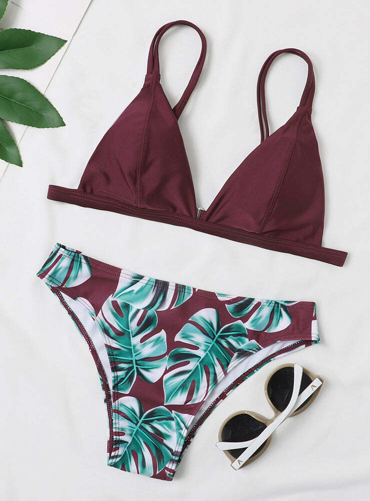Y2K Aesthetic High Cut Leaf Bikini - Coquette & Grunge Style Fashion for Women