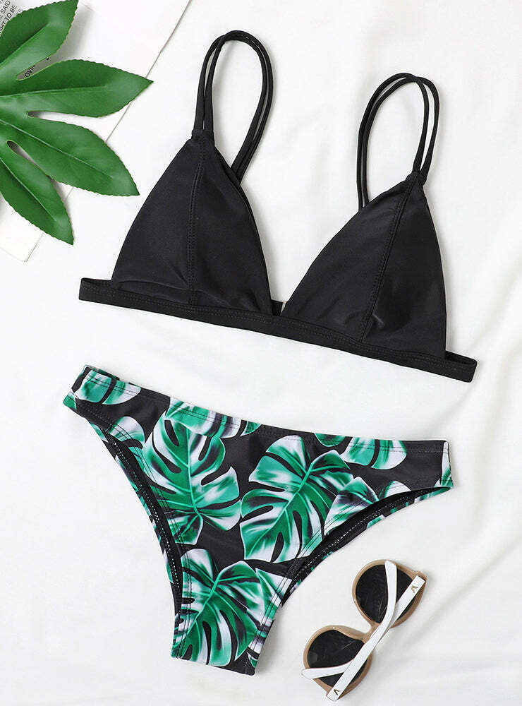 Y2K Aesthetic High Cut Leaf Bikini - Coquette & Grunge Style Fashion for Women