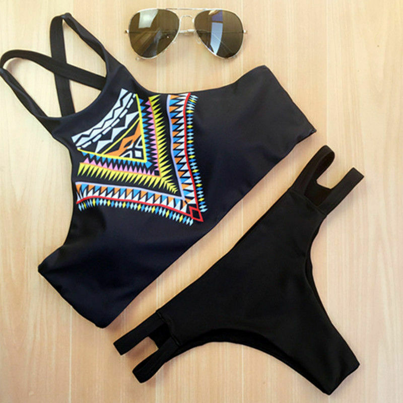 Y2K Aesthetic High Neck Push-Up Bikini Set with Geometric Design