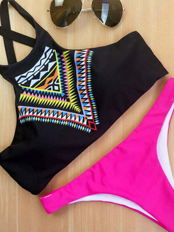 Y2K Aesthetic High Neck Push-Up Bikini Set with Geometric Design