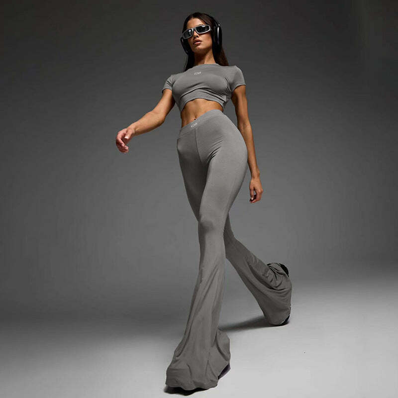 Y2K Aesthetic High Waist Flared Two-Piece Sport Suit for Women - Coquette & Grunge Style