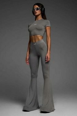 Y2K Aesthetic High Waist Flared Two-Piece Sport Suit for Women - Coquette & Grunge Style