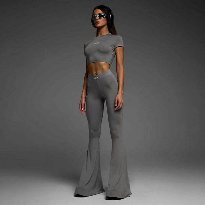 Y2K Aesthetic High Waist Flared Two-Piece Sport Suit for Women - Coquette & Grunge Style