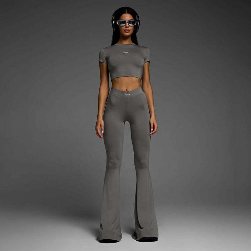 Y2K Aesthetic High Waist Flared Two-Piece Sport Suit for Women - Coquette & Grunge Style