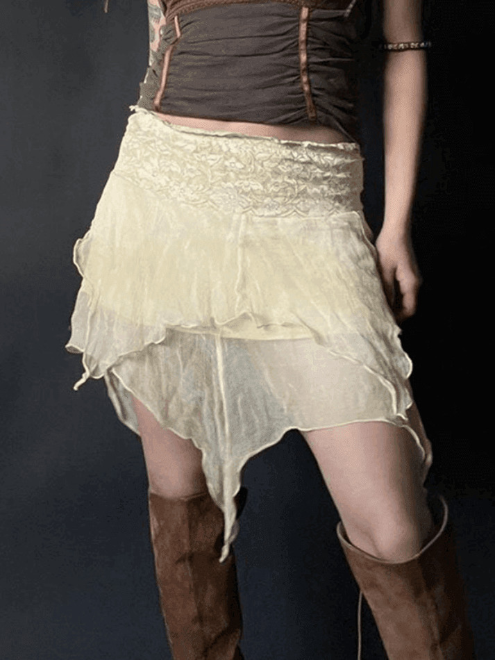 Y2K Aesthetic High Waist Mesh Asymmetric Hem Mini Skirt - Coquette Style Grunge Fashion