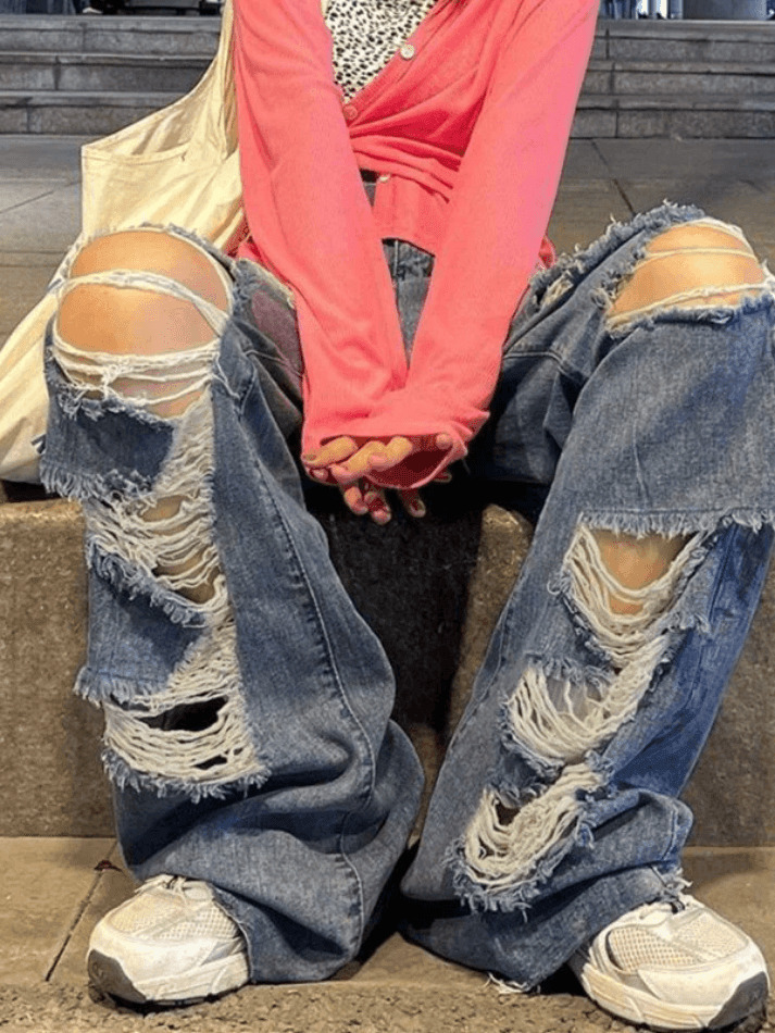 Y2K Aesthetic High Waist Ripped Jeans - Coquette Grunge & Pastel Goth Style