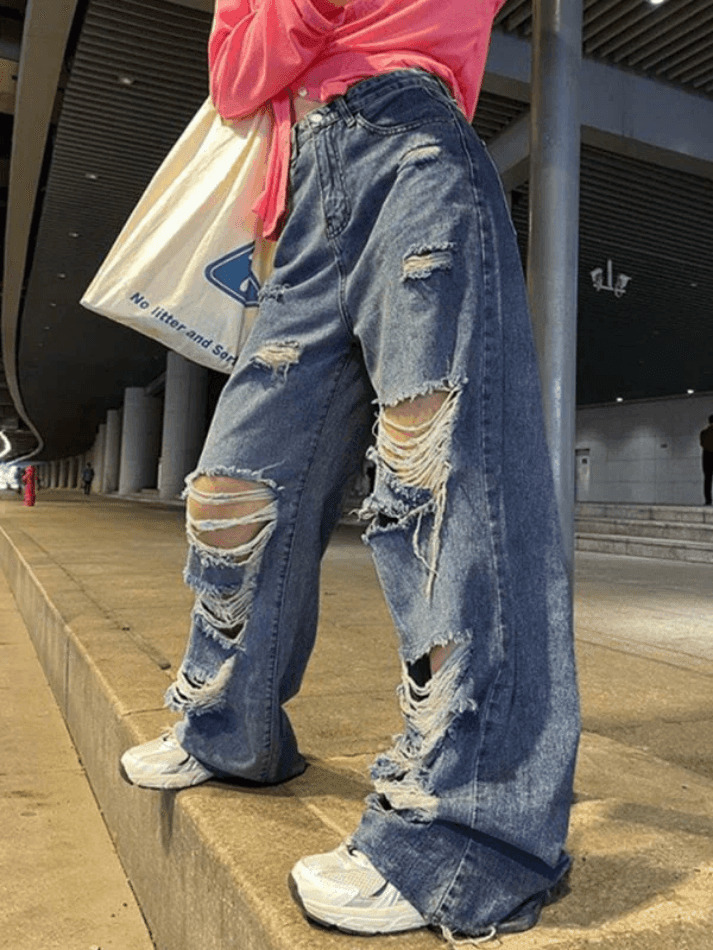 Y2K Aesthetic High Waist Ripped Jeans - Coquette Grunge & Pastel Goth Style