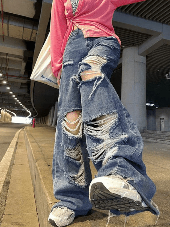 Y2K Aesthetic High Waist Ripped Jeans - Coquette Grunge & Pastel Goth Style