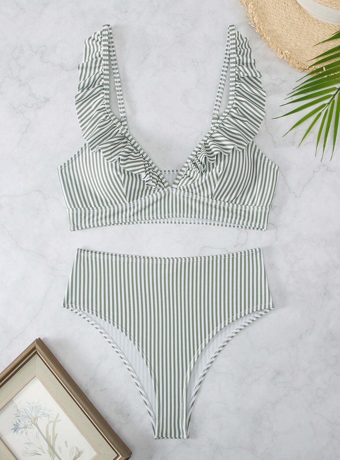 Y2K Aesthetic High Waist Ruffled Striped Swimsuit for Niche Women Fashion