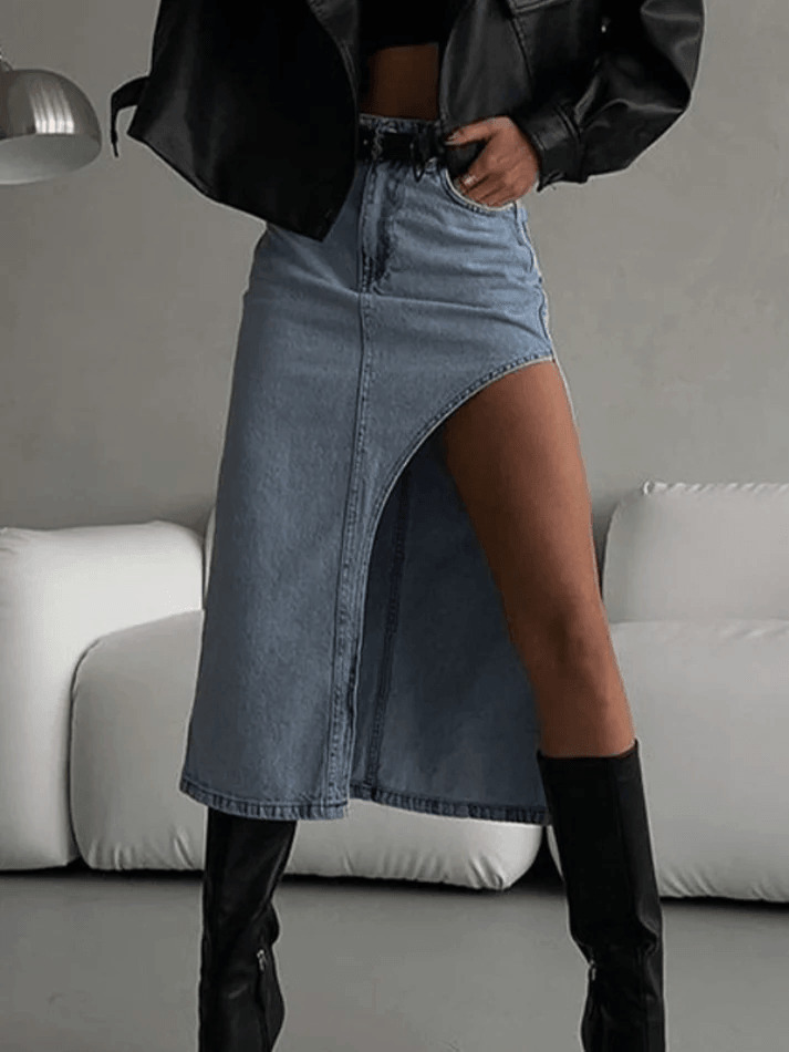Y2K Aesthetic High Waist Slit Denim Skirt - Coquette & Grunge Style Women's Fashion