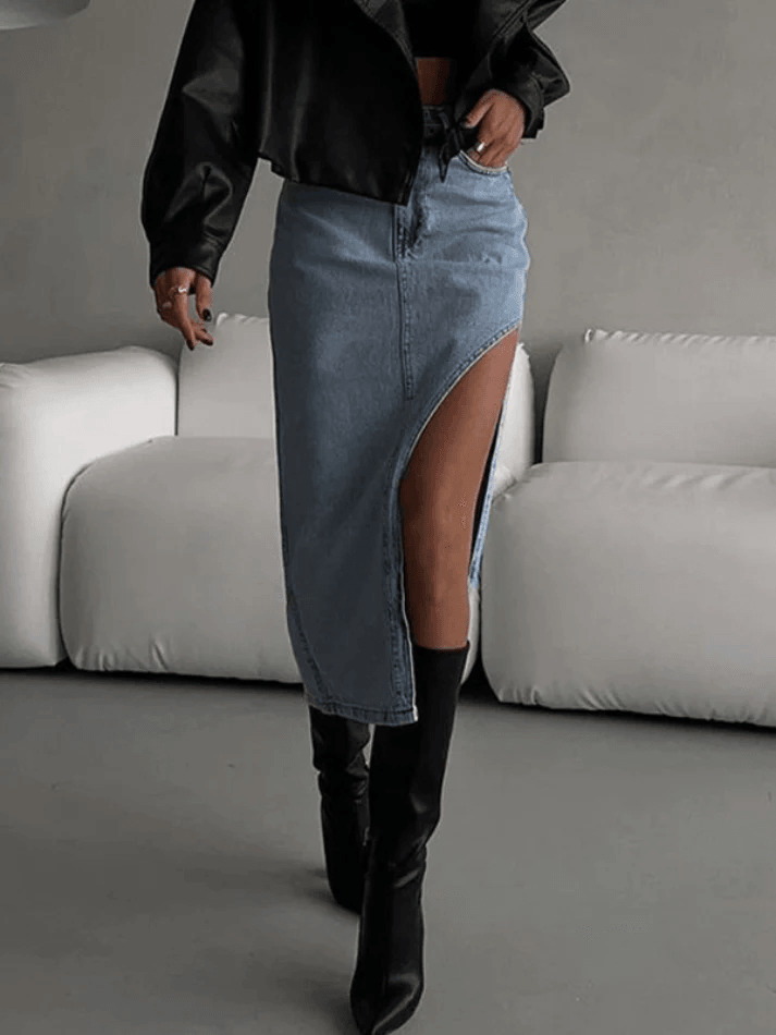 Y2K Aesthetic High Waist Slit Denim Skirt - Coquette & Grunge Style Women's Fashion