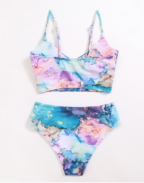 Y2K Aesthetic High Waist Split Swimsuit with Multi-Color Print - Coquette Fashion for Women