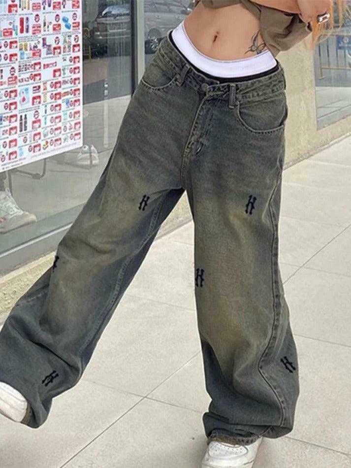 Y2K Aesthetic Hip Pop Low Waist Letter Print Boyfriend Jeans