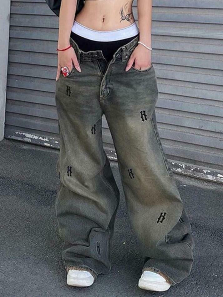 Y2K Aesthetic Hip Pop Low Waist Letter Print Boyfriend Jeans