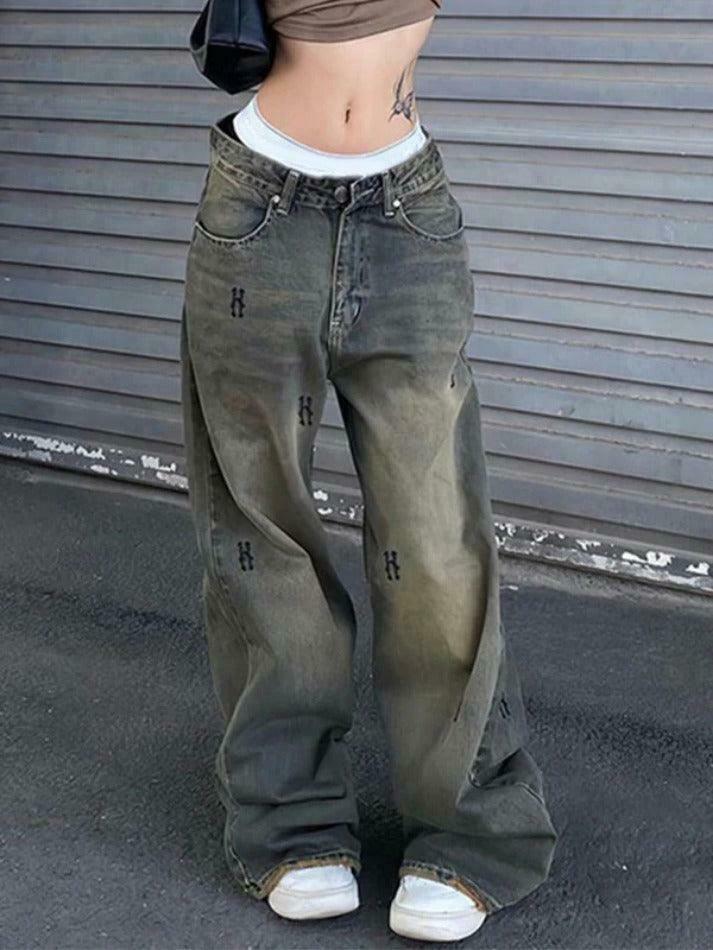 Y2K Aesthetic Hip Pop Low Waist Letter Print Boyfriend Jeans
