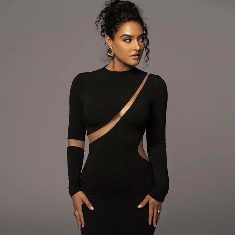 Y2K Aesthetic Hollow Back Slit Long Sleeve Dress for Women - Coquette Style Grunge Fashion