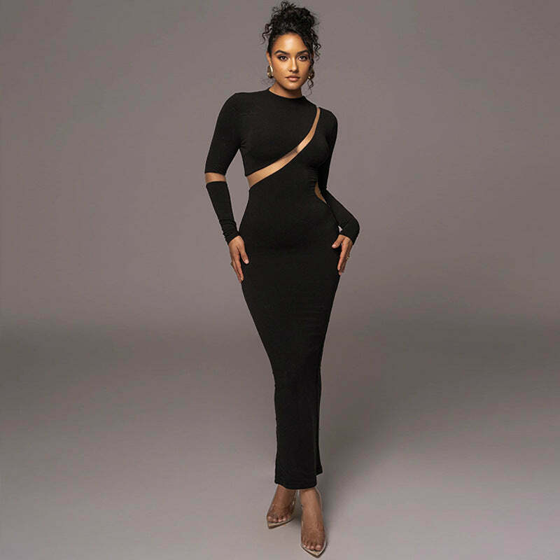 Y2K Aesthetic Hollow Back Slit Long Sleeve Dress for Women - Coquette Style Grunge Fashion