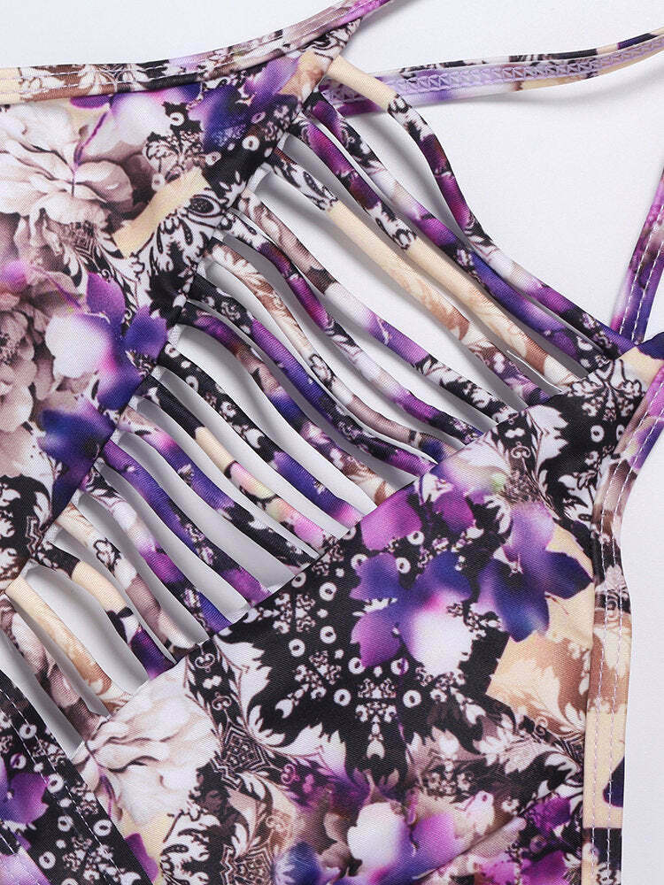 Y2K Aesthetic Hollow Printed Criss Cross Back Bikini Sets - Women's Fashion Swimwear