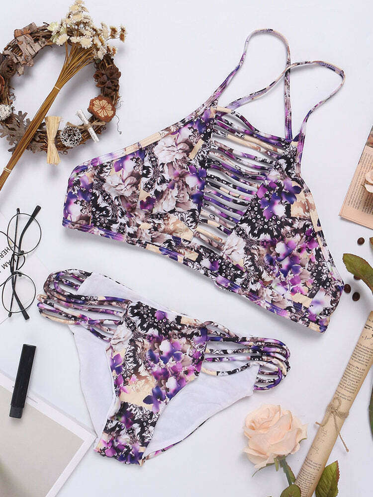 Y2K Aesthetic Hollow Printed Criss Cross Back Bikini Sets - Women's Fashion Swimwear