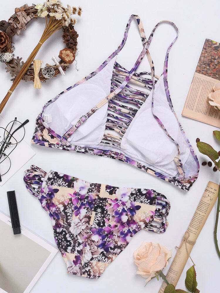 Y2K Aesthetic Hollow Printed Criss Cross Back Bikini Sets - Women's Fashion Swimwear