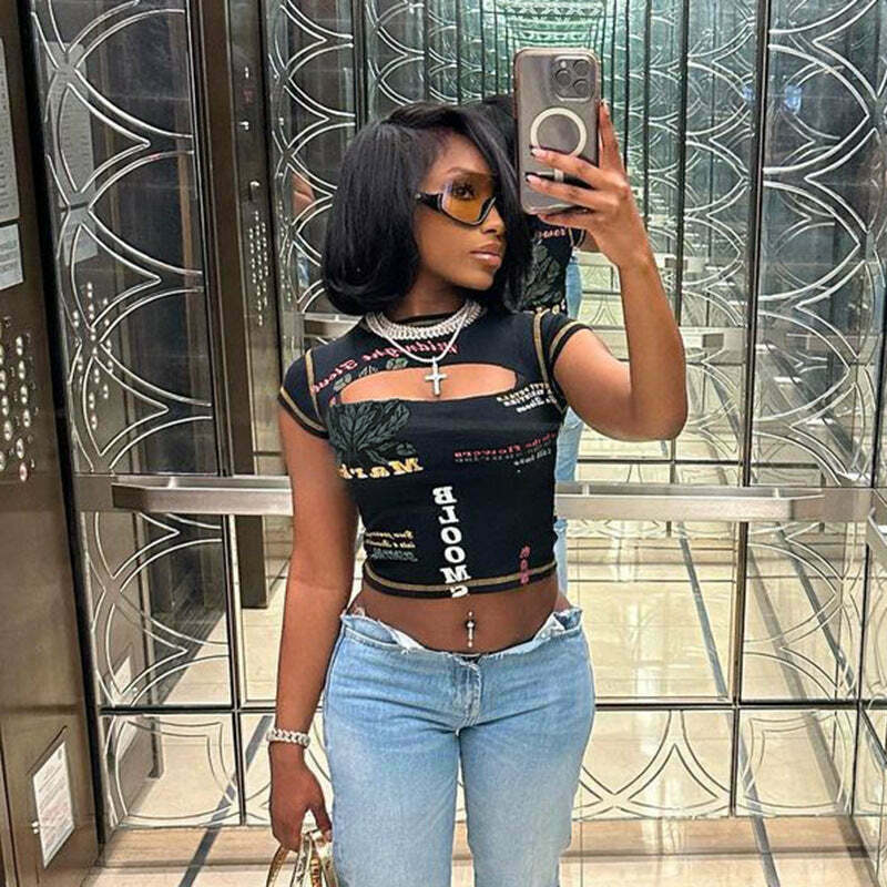 Y2K Aesthetic Hollow Short-Sleeved T-Shirt for Women - Coquette, Grunge, and Pastel Goth Fashion
