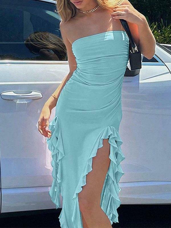 Y2K Aesthetic Irregular Ruffle Bandeau Maxi Dress for Women - Coquette Style Grunge Fashion
