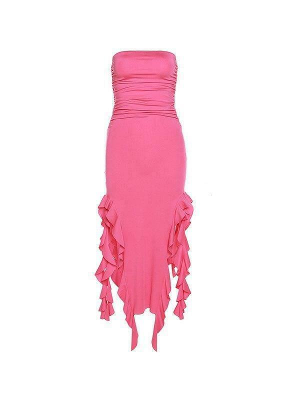 Y2K Aesthetic Irregular Ruffle Bandeau Maxi Dress for Women - Coquette Style Grunge Fashion