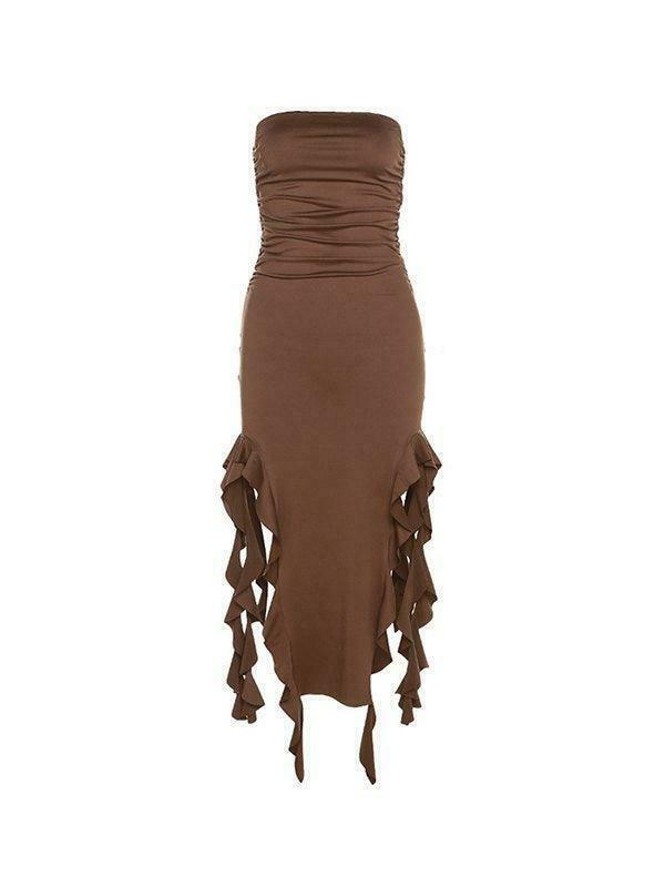 Y2K Aesthetic Irregular Ruffle Bandeau Maxi Dress for Women - Coquette Style Grunge Fashion