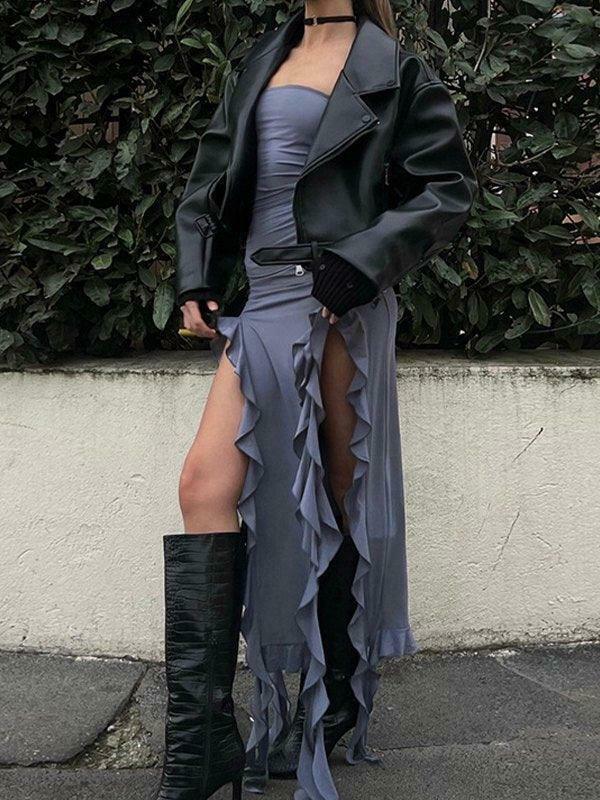 Y2K Aesthetic Irregular Ruffle Bandeau Maxi Dress for Women - Coquette Style Grunge Fashion