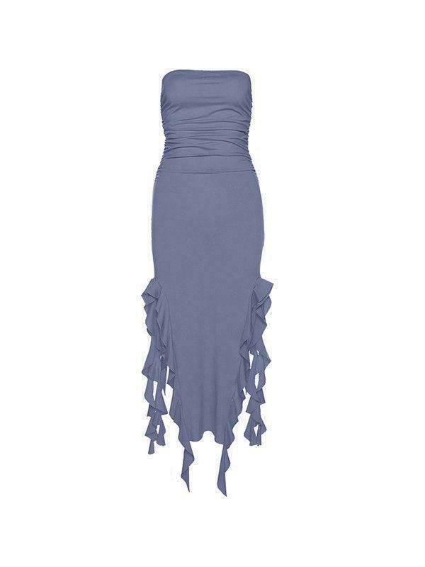 Y2K Aesthetic Irregular Ruffle Bandeau Maxi Dress for Women - Coquette Style Grunge Fashion