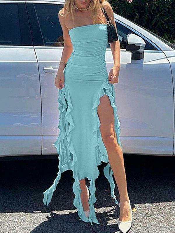 Y2K Aesthetic Irregular Ruffle Bandeau Maxi Dress for Women - Coquette Style Grunge Fashion