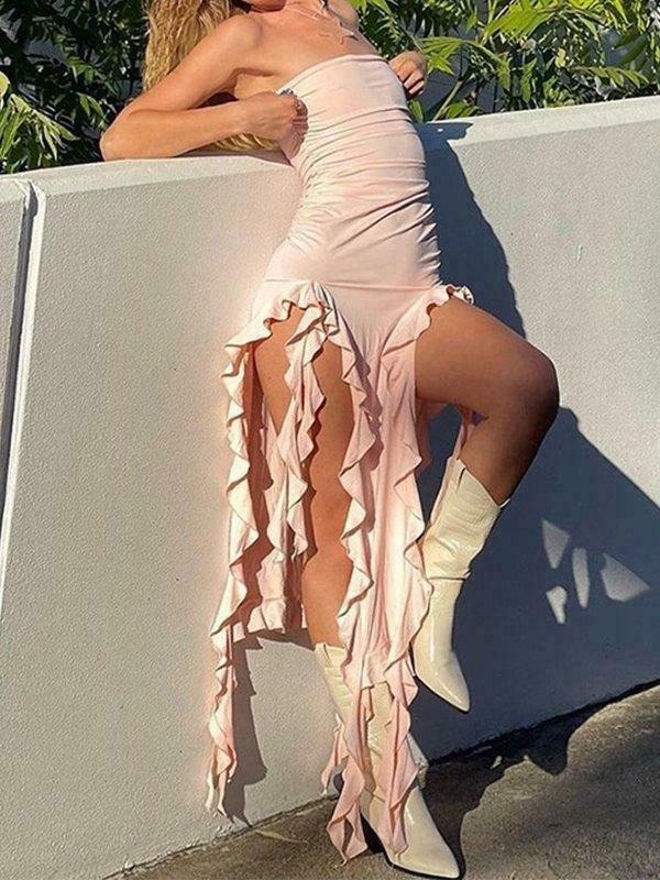 Y2K Aesthetic Irregular Ruffle Bandeau Maxi Dress for Women - Coquette Style Grunge Fashion
