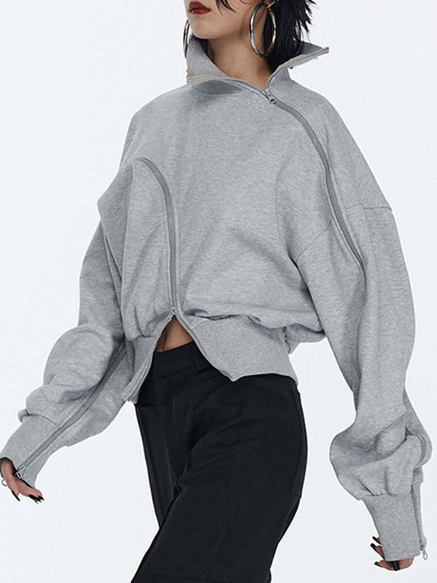 Y2K Aesthetic Irregular Zipper Placket Short Sweatshirt for Women - Coquette Grunge Fashion