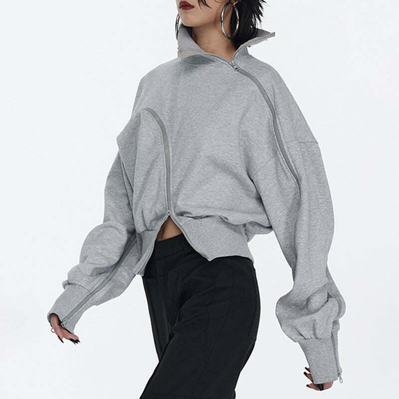 Y2K Aesthetic Irregular Zipper Placket Short Sweatshirt for Women - Coquette Grunge Fashion