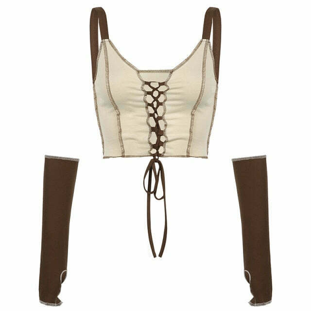Y2K Aesthetic Khaki Crop Top with Separate Sleeves & Front Lace