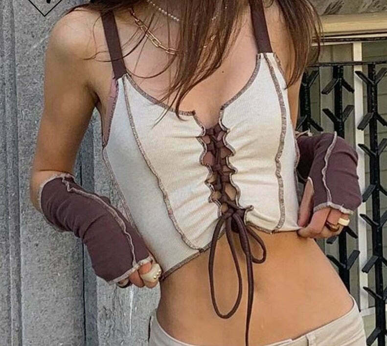 Y2K Aesthetic Khaki Crop Top with Separate Sleeves & Front Lace