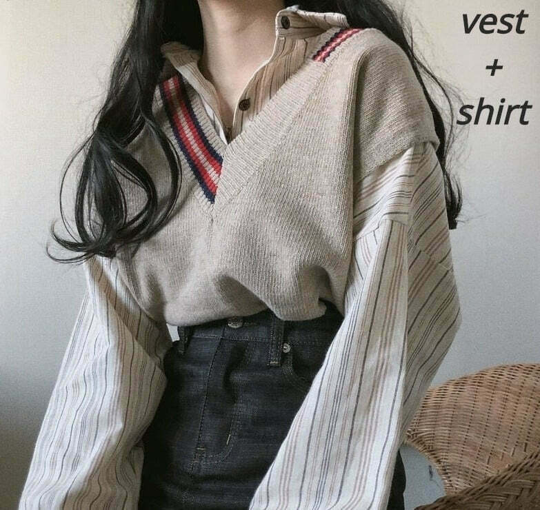 Y2K Aesthetic Knit Beige Vest: Striped Casual Vintage Shirt for Women